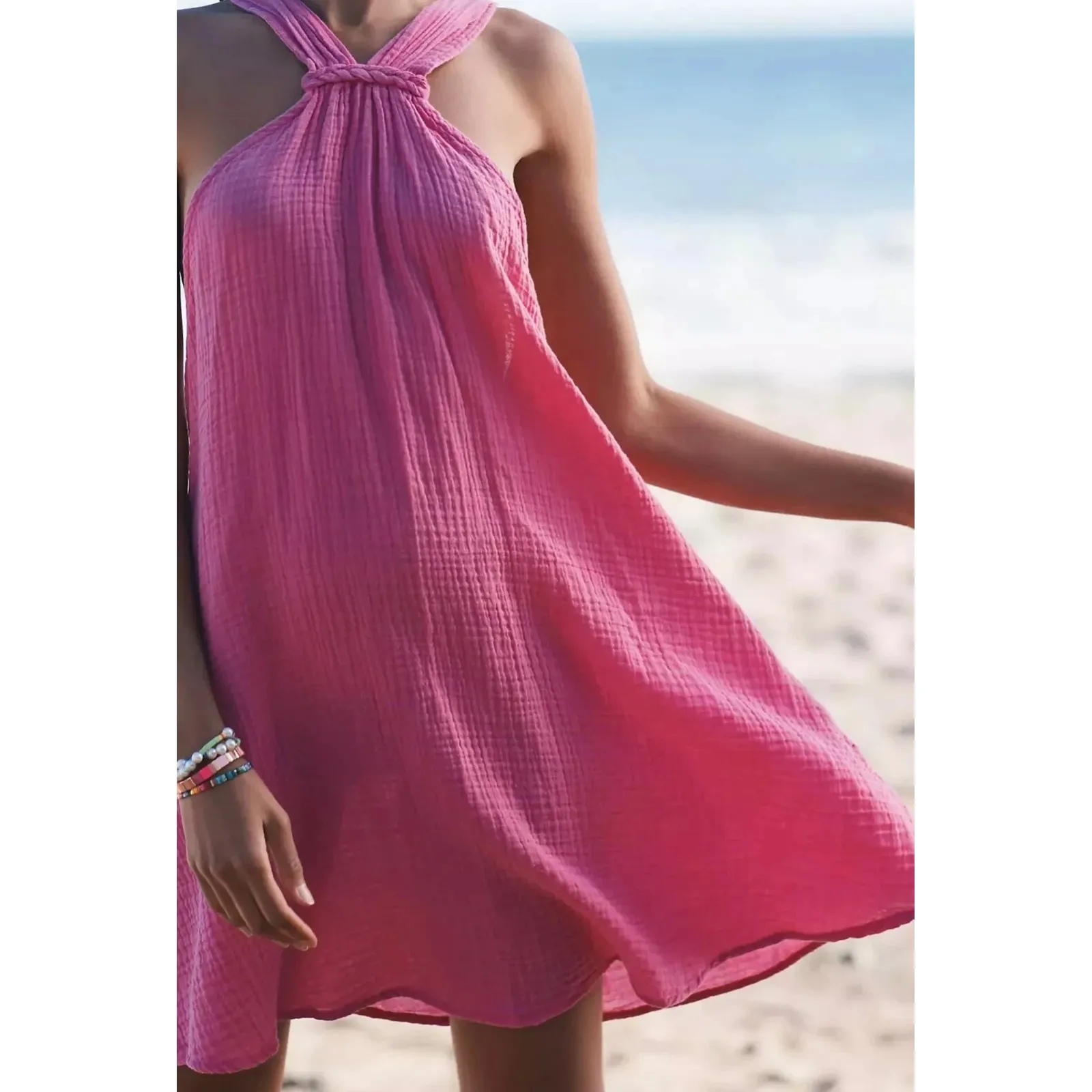 Anthropologie Braided Halter Gauze Open Pink Mini Dress Sleeveless Medium M NWT - Image 3