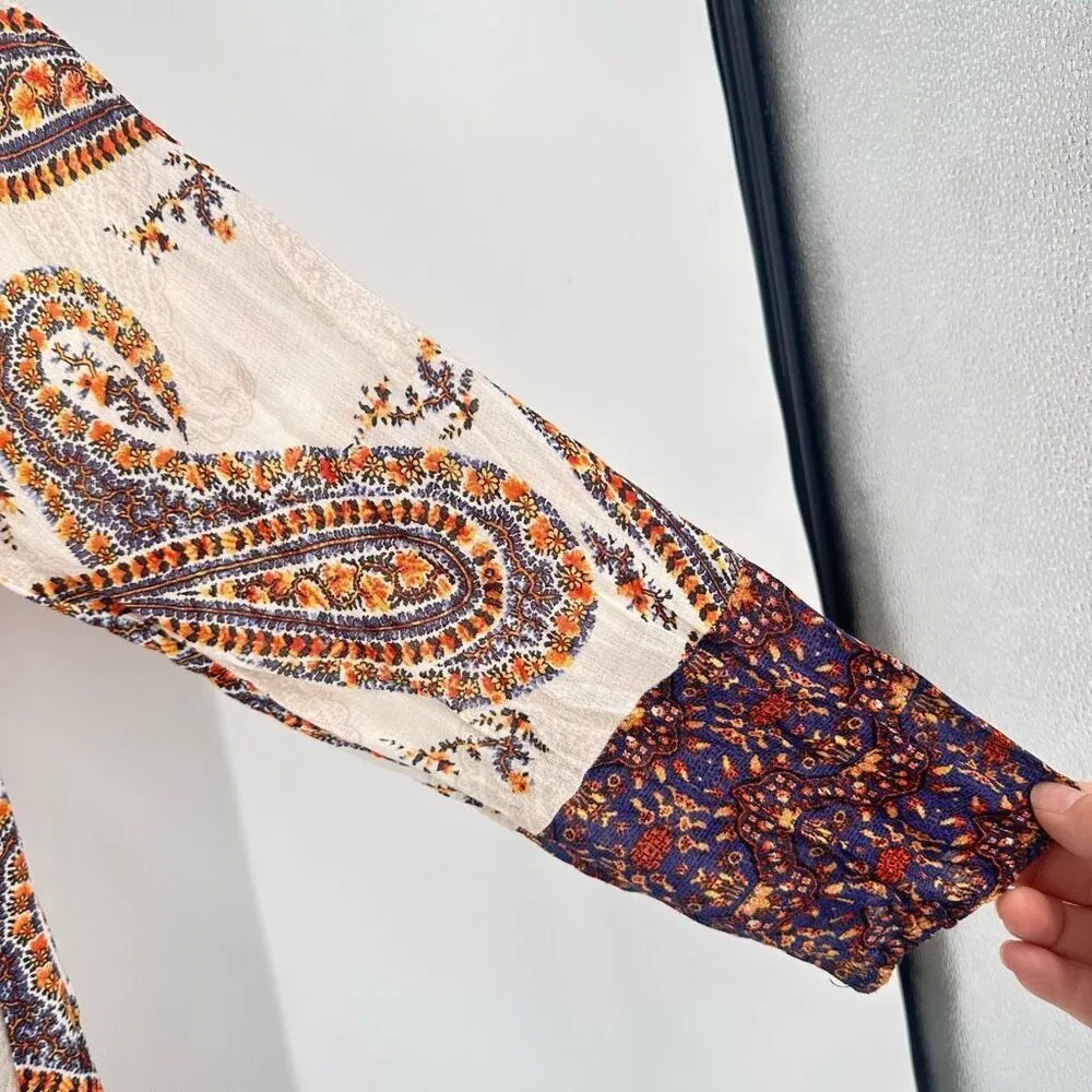 Lucky Brand Women's Paisley Print Long Sleeve Blouse Top Mixed Media Medium Boho - Image 4