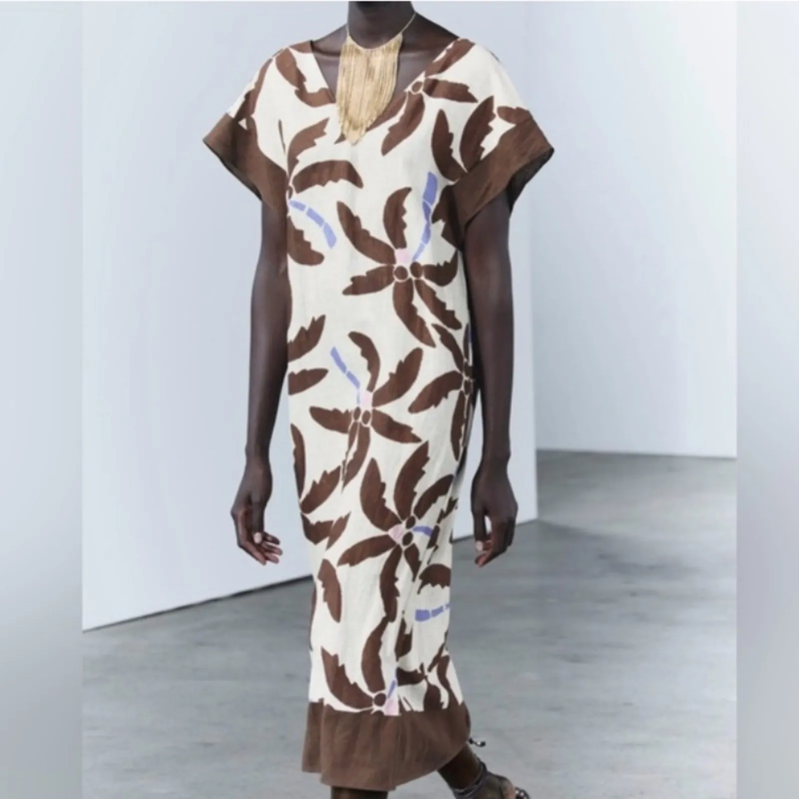 Zara Linen Blend V-Neck Tunic Palm Tree Tropical Dress W-921 Sz L - Image 4