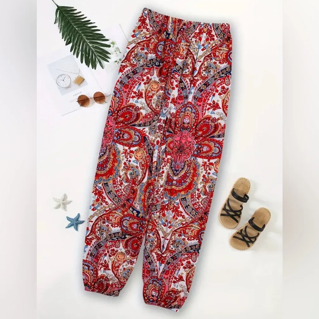 Boho Hippie Paisley Harem Pants Size Large Elasti Waist Festival NW Red - Image 5