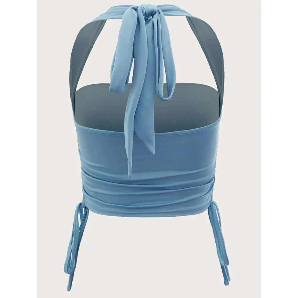 SHEIN Tie Backless Drawstring Side Crop Halter Top in Blue, Size S​​​​​​ - Image 2