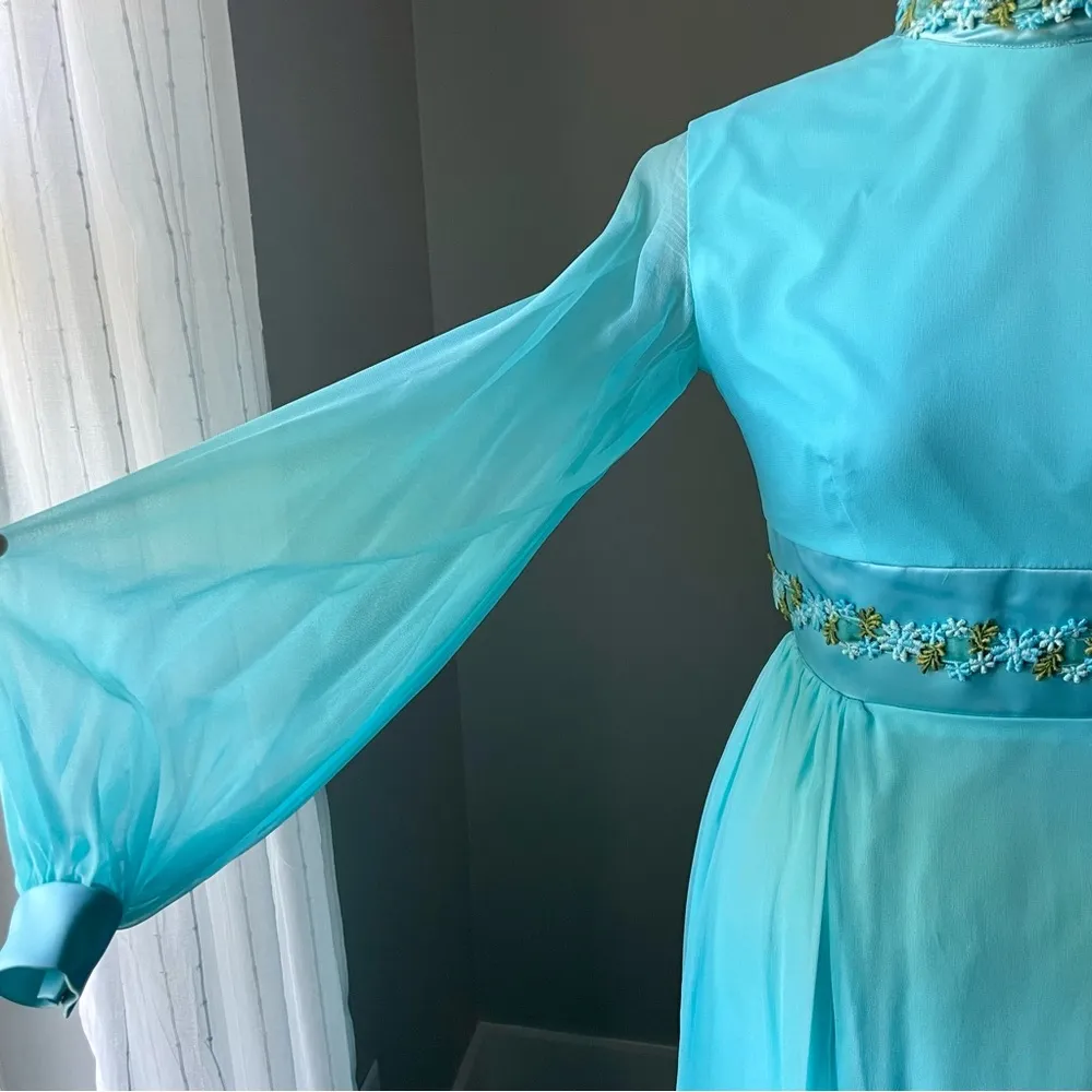 VINTAGE 1960s mod gown in teal with floral ribbon and chiffon Size 0 - Image 4