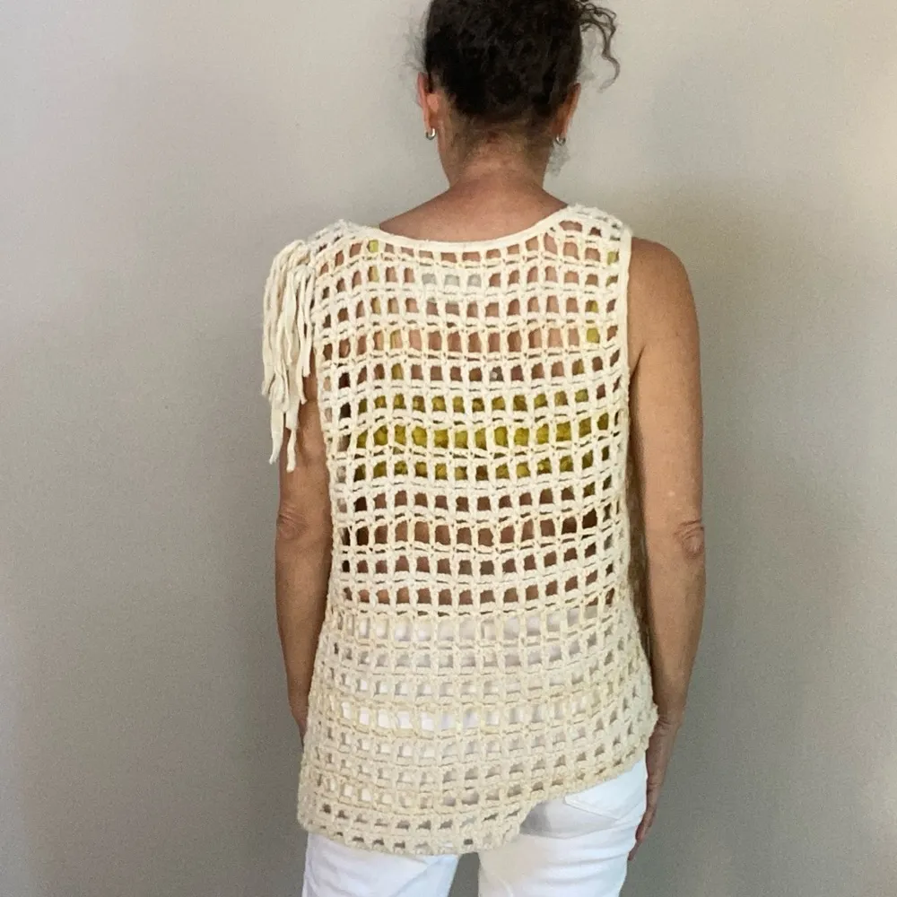 ALLSAINTS ivory crochet tassel vest sleeveless fringe top Sz 8 - Image 3