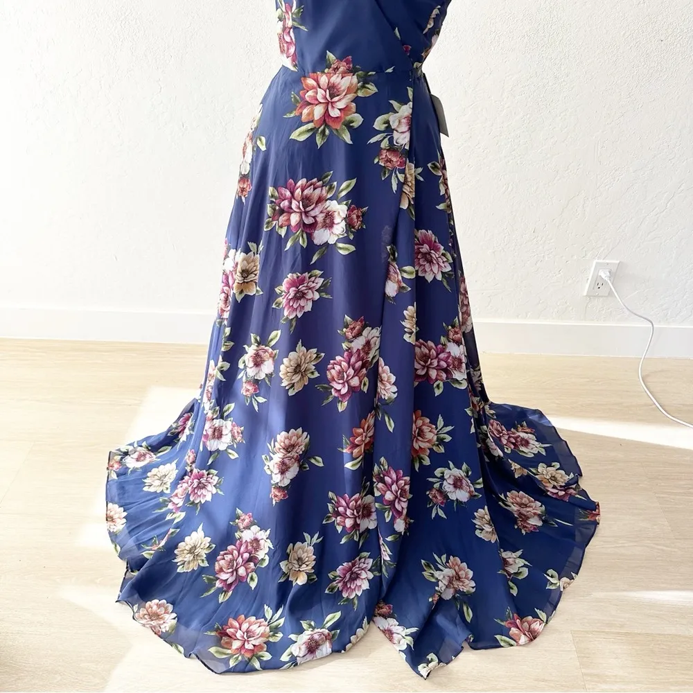 Lulus Always There For Me Navy Blue Floral Print Wrap Maxi Dress NWT | XS - Image 4
