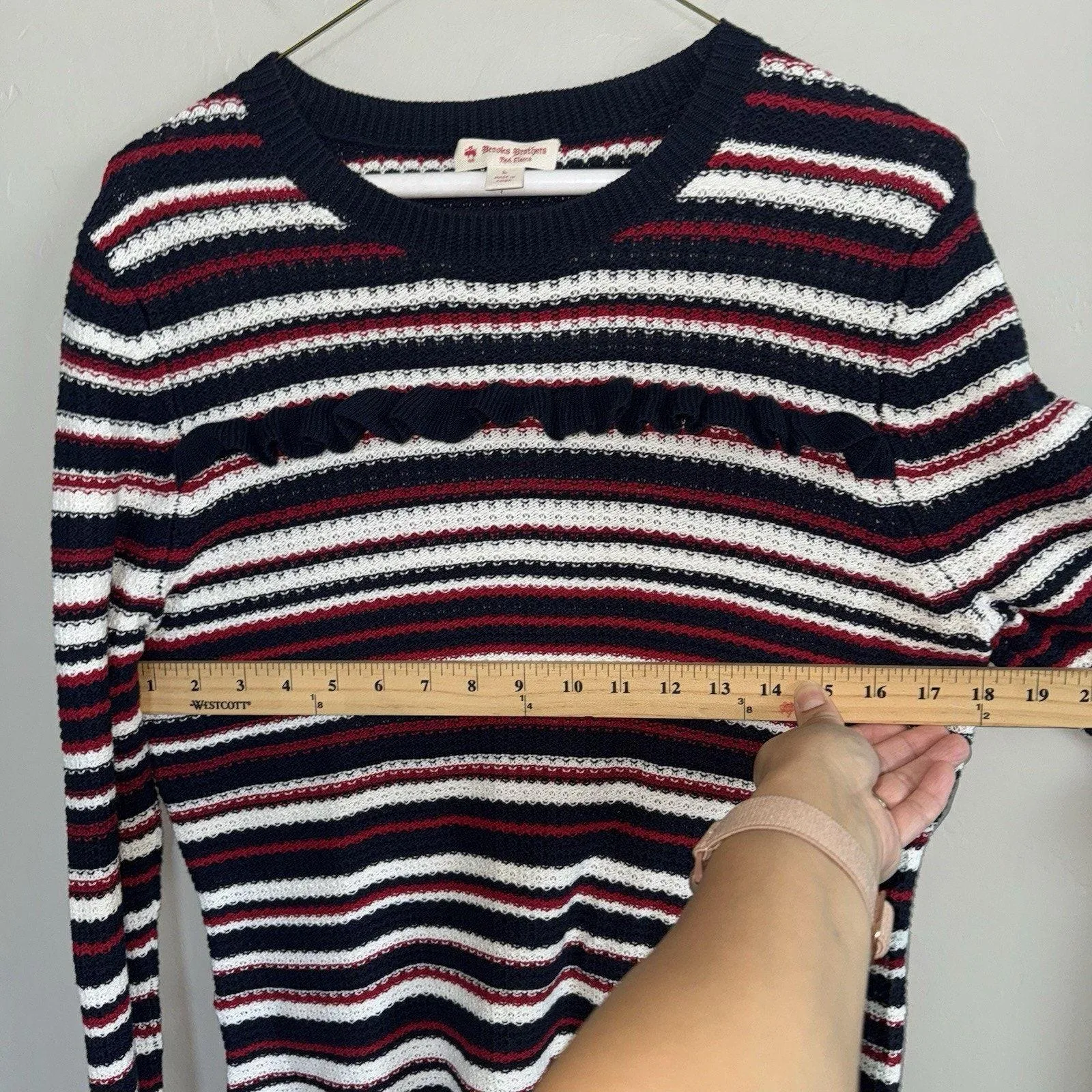 Brooks Brothers Striped Pointelle Cotton Sweater Size L Blue Red White - Image 6