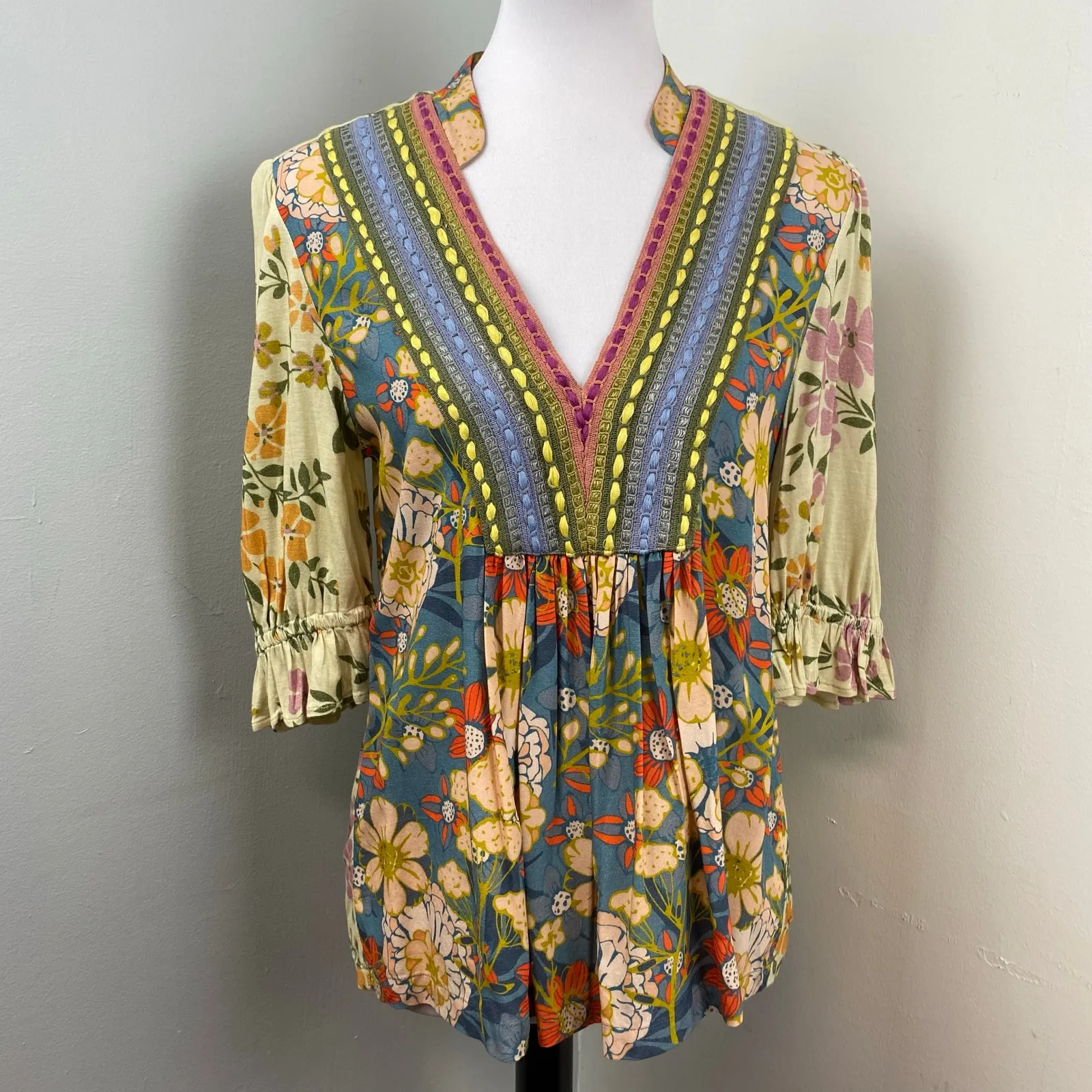 Bl^nk London Anthropologie Stephanie Embroidered Floral Top Small Boho Yellow - Image 3