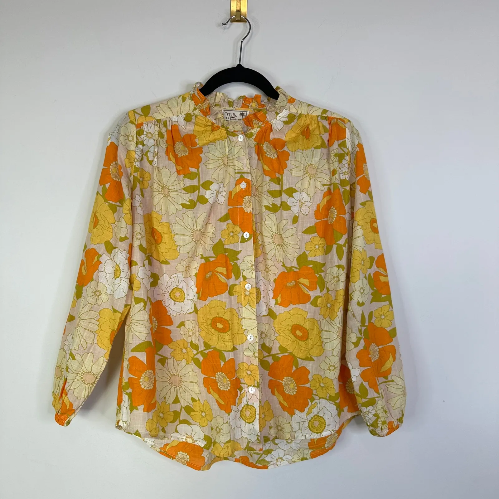 Millie Francesca High Neck Cotton Blouse In Retro Floral Size XXS Orange - Image 2