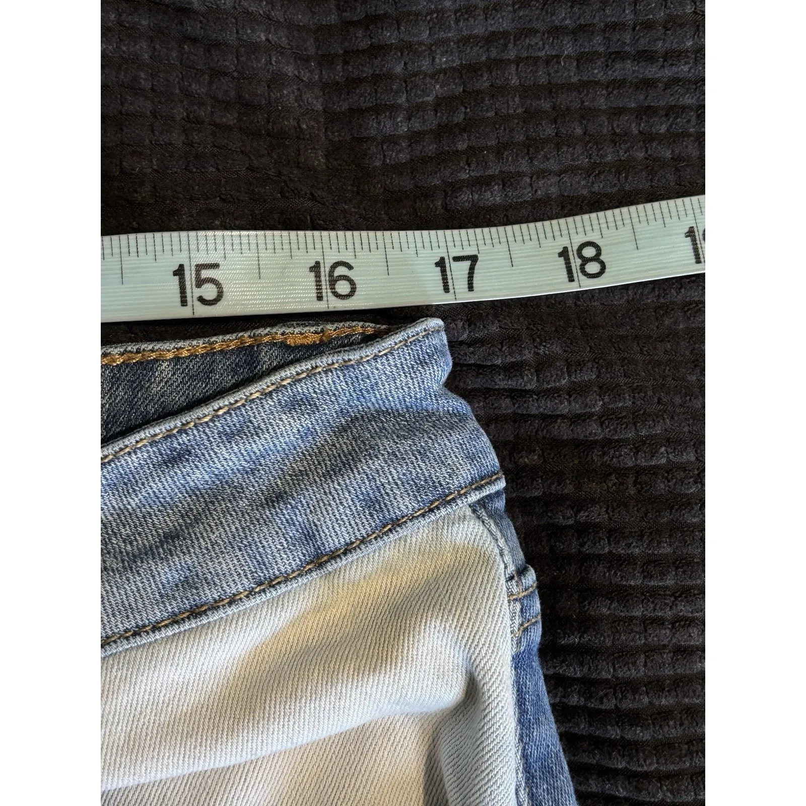 Madden NYC Denim Jeans Color block Flare Size 19 High Rise Logo Pockets Fray Hem Blue - Image 7