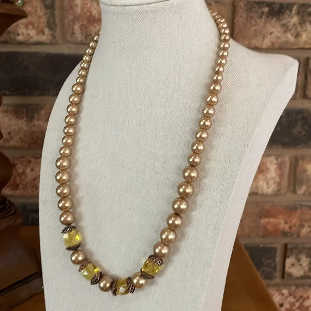 Vintage Champagne Graduated Faux Pearl Necklace with Yellow Accent Beads - Image 2