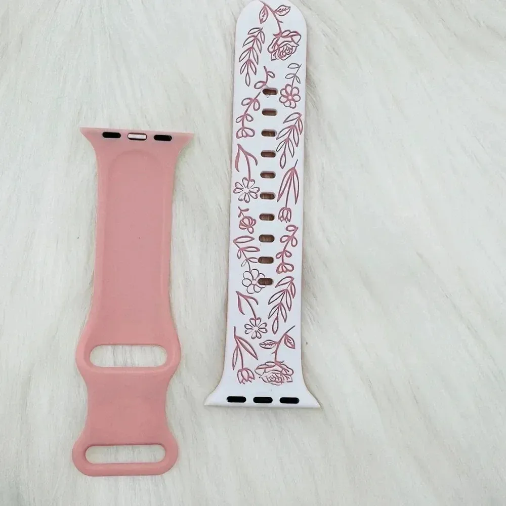 New Floral Design Apple Watch Bands 42mm 44mm 45mm 49mm in Pink White - Image 4