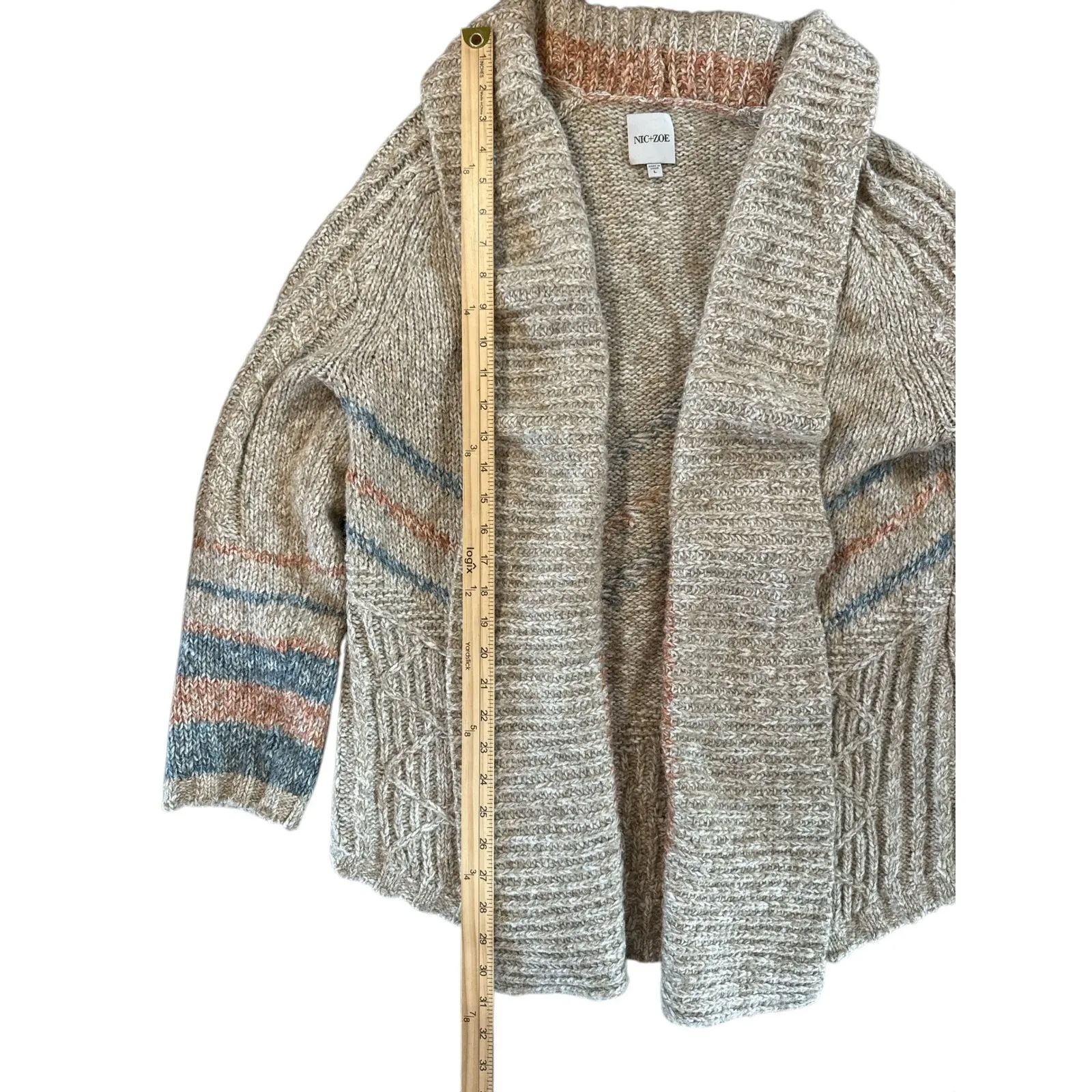 NIC+ZOE Beige Striped Shawl Collar Cardigan Sweater Women Large - Image 3