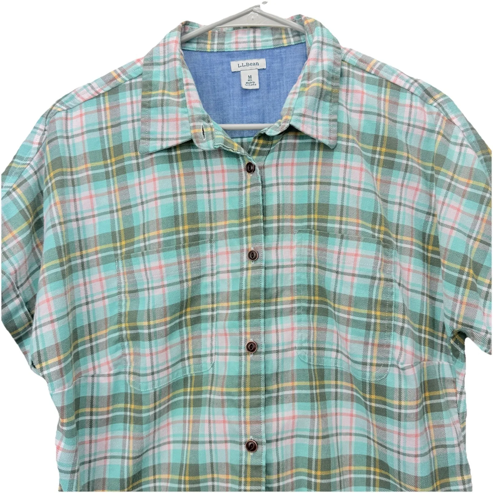 LL Bean Colorful Plaid Short Sleeve All Season Flannel Button‎ Up Shirt MEDIUM - Image 4