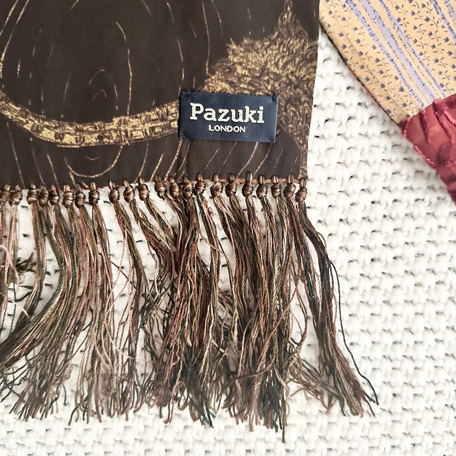 Pazuki London Made In London Floral Patchwork Fringe Trim Long Silk Velvet Scarf Red - Image 3