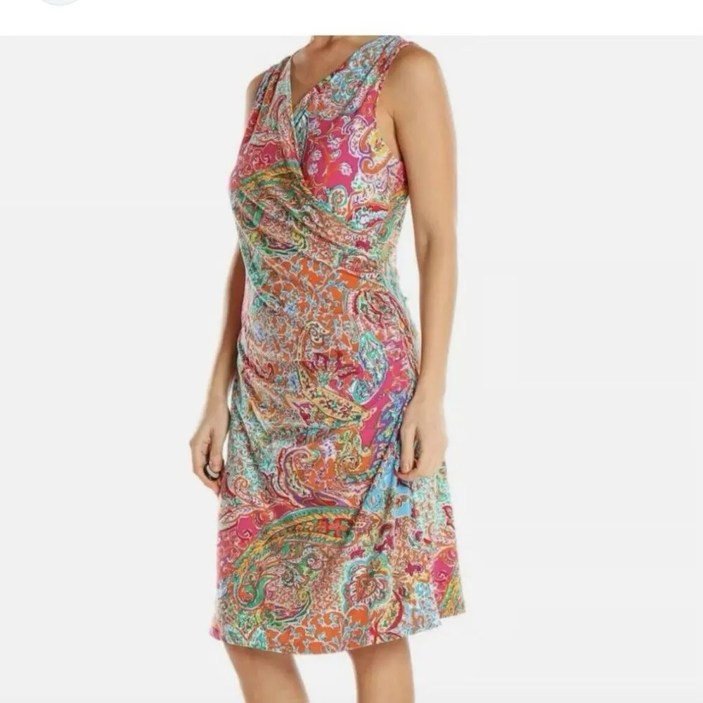 Ralph Lauren‎ Pink Teal Paisley Surplice V Neck Sleeveless Stretch Dress MEDIUM - Image 2