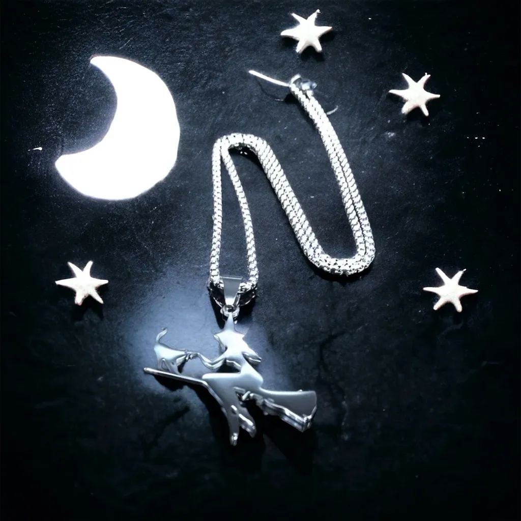 Witch Broom‎ Cat Pendant Necklace Women Witchcraft Silvery Color Hollow Out Silver - Image 4