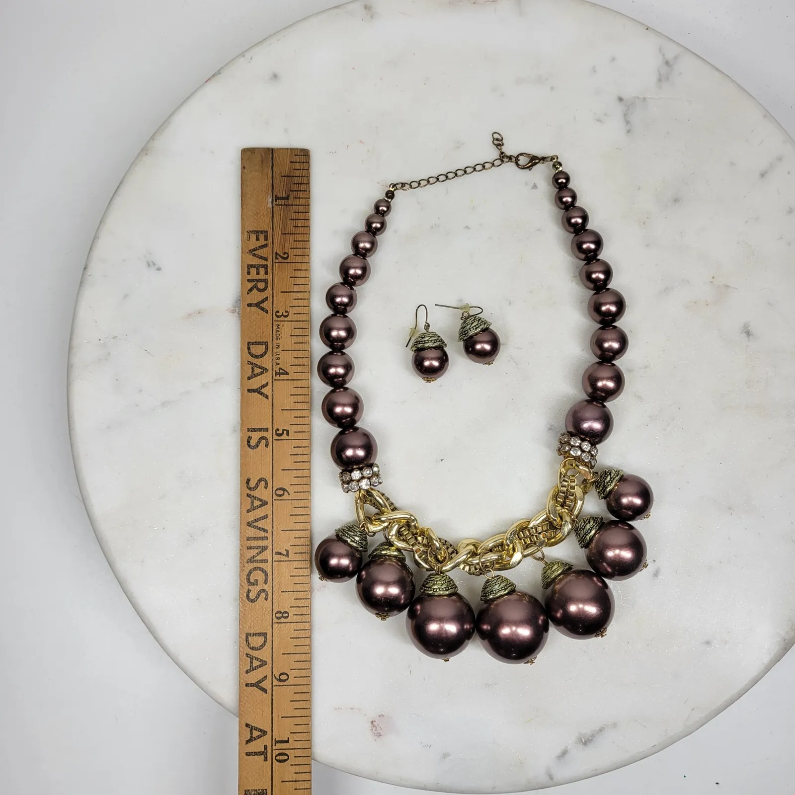 Pearl Statement Necklace & Acorn Earrings Set Metallic Purple Beaded Chunky Ball Brown - Image 16