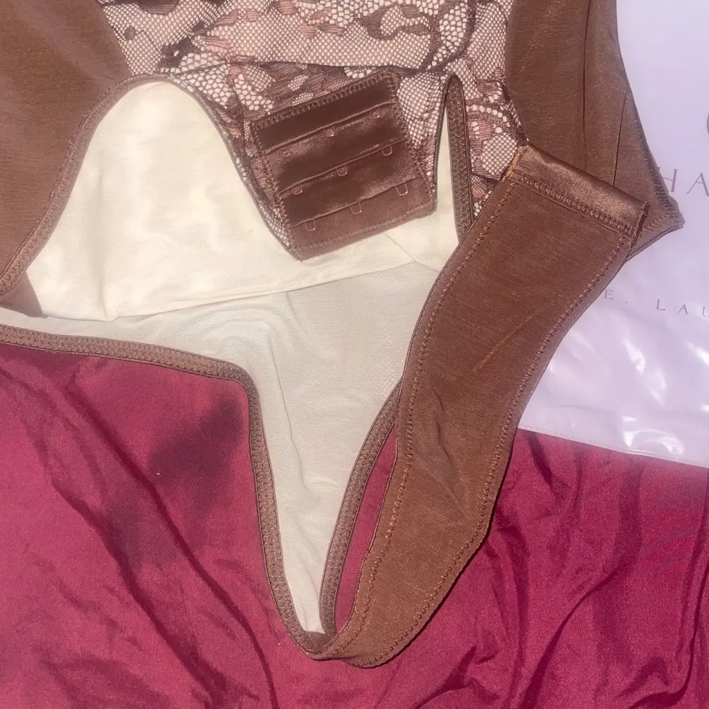 SHAPELLX Shapewear for Women Tummy Control Lace Bodysuit Brown - Image 9