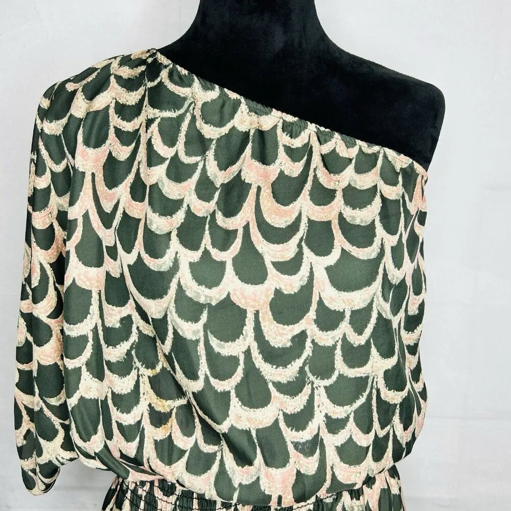 T-Bags Los Angeles One-Shoulder Top Size S Green Pink Scallop Pattern Smocked - Image 3