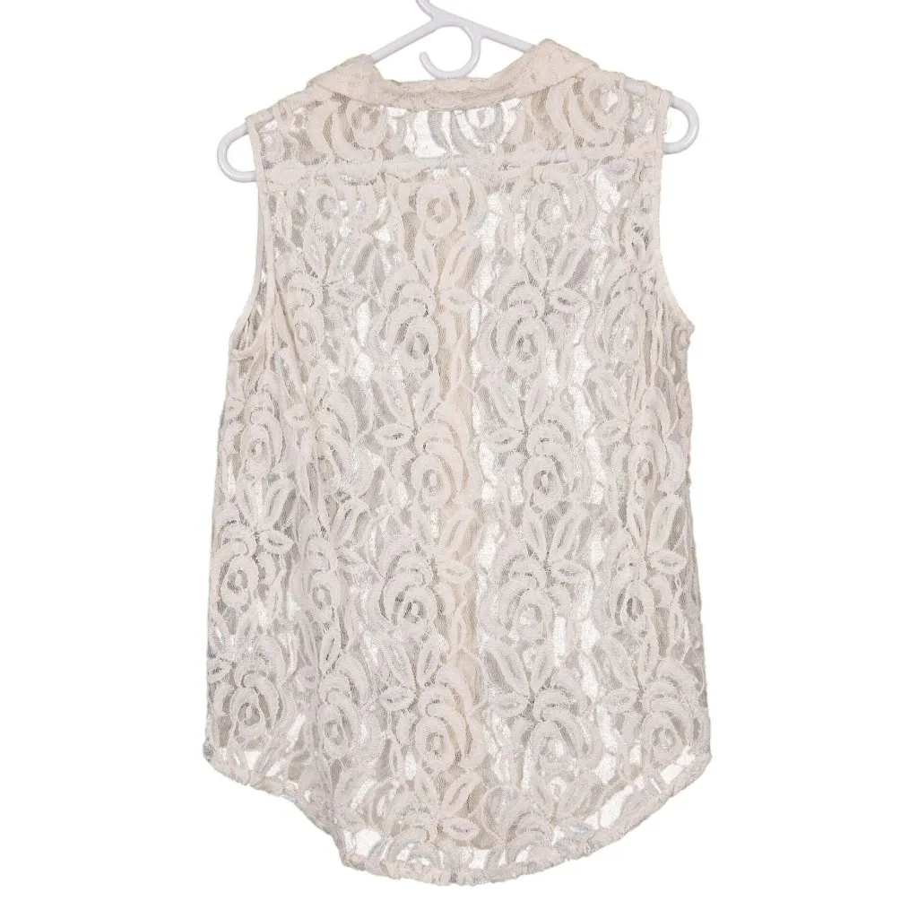 Lace Y2K Blouse XL Collared Sleeveless Sheer Cream Boho Festival Whimsy Fairy - Image 6