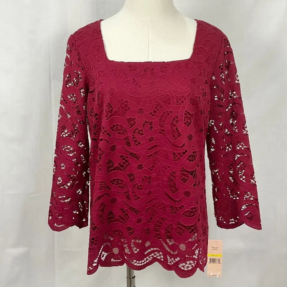 Nanette Lepore Burgundy Lace Blouse Top Shirt Sz Med NWT 3/4 Sleeve Lined - Image 2