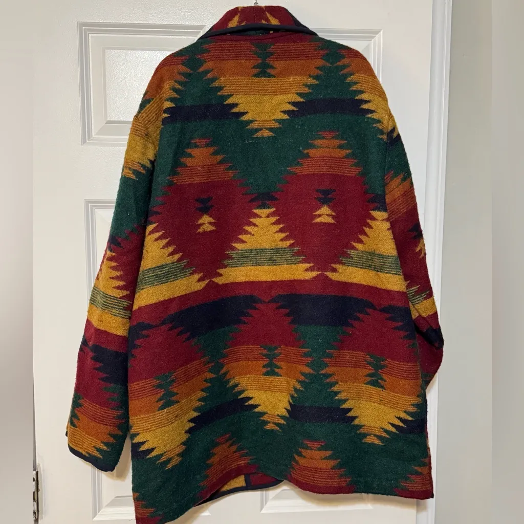 Vintage New Identity Aztec Southwestern Wool Blend 2 Wooden Buttons Jacket Sz XL Green - Image 2