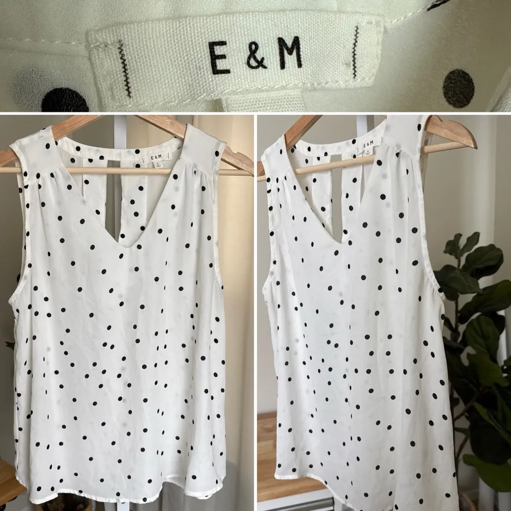 E & M Women’s White with Black Polka Dot Sleeveless Blouse V Neck Size L - Image 2