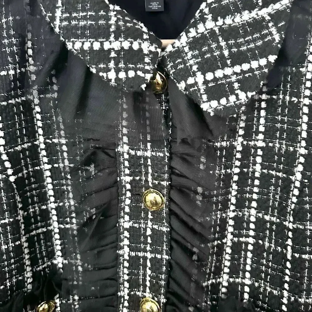 HALOGEN x ATLANTIC PACIFIC | NWT Tulle Ruffle Plaid Jacket Tweed Blazer | Large - Image 6