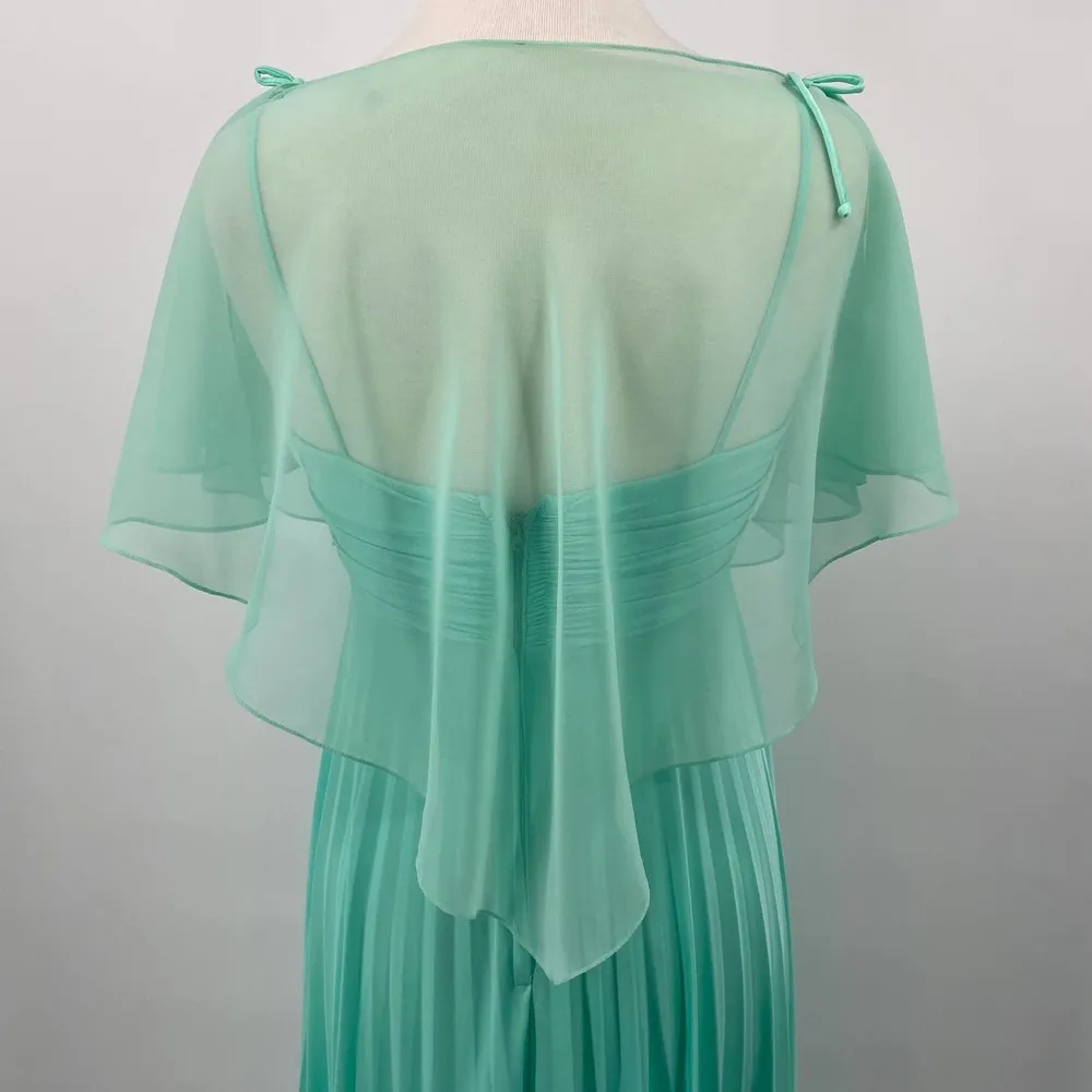 Vintage 70s Pleated Maxi Dress w Sheer Cape Mint Green Tie Spaghetti Strap Small - Image 8