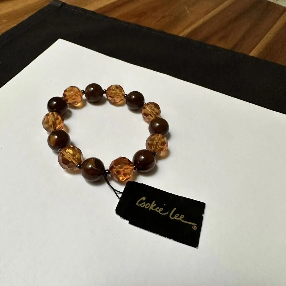 Cookie Lee Small Wrist Bead Beaded Bracelet 6 Inch NWT Brown / Amber Tone - Image 3