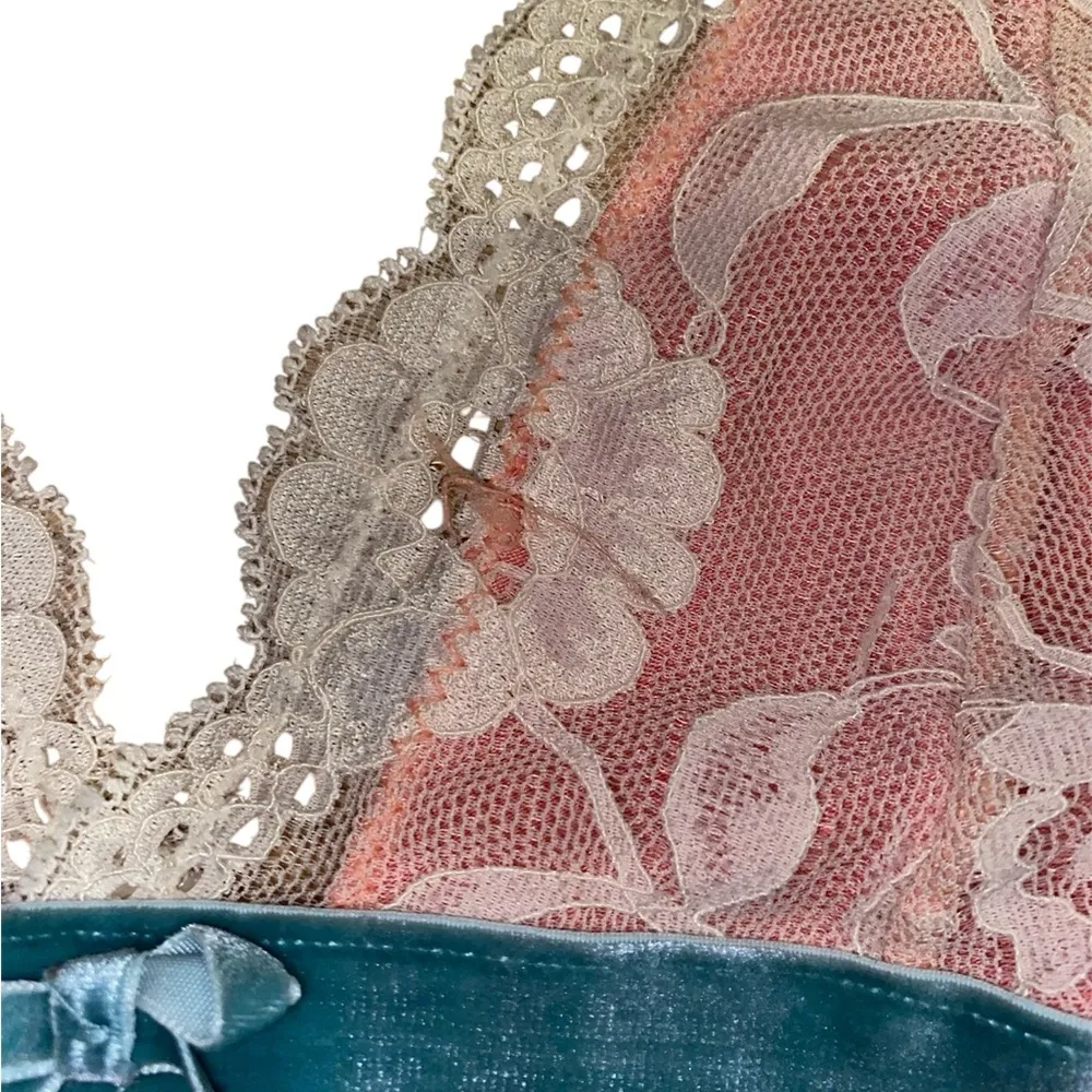 pink slip dress with lace and blue velour detail - Image 6