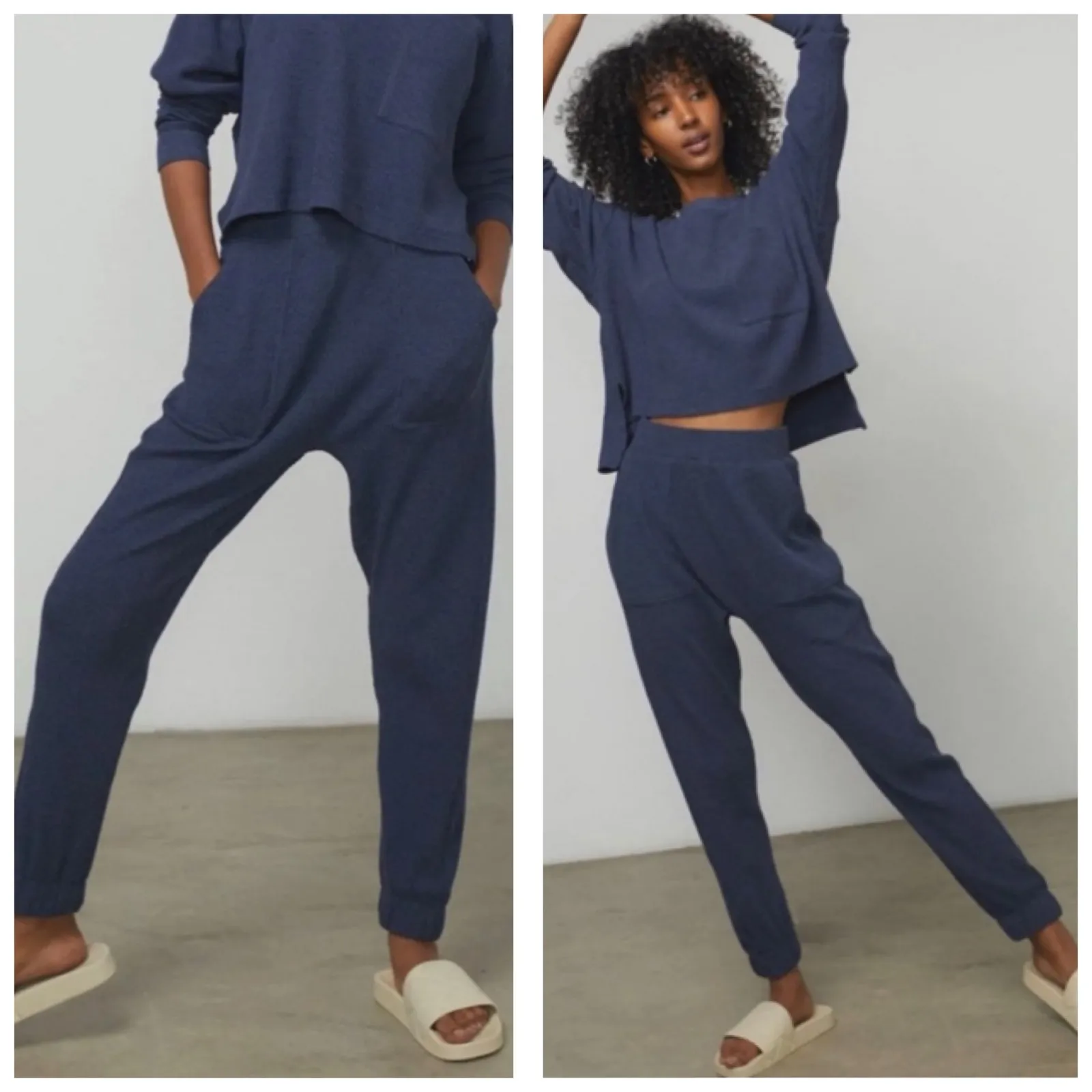 Lunya Restore Thermal Draped Jogger Medium Blue Waffle Knit Lounge Pants Comfort - Image 2
