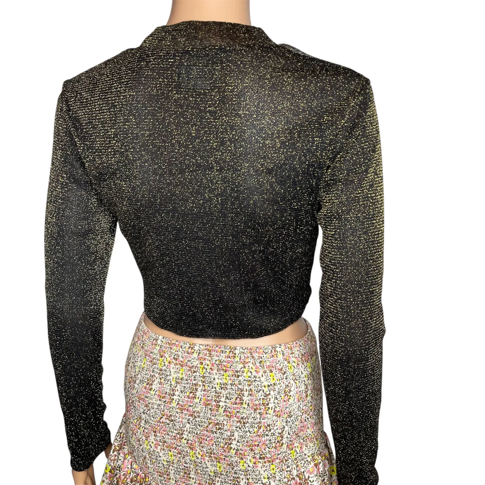 Lovers + Friends Riya Top size M Black Gold Glitter Sheer Mesh Cropped - Image 4