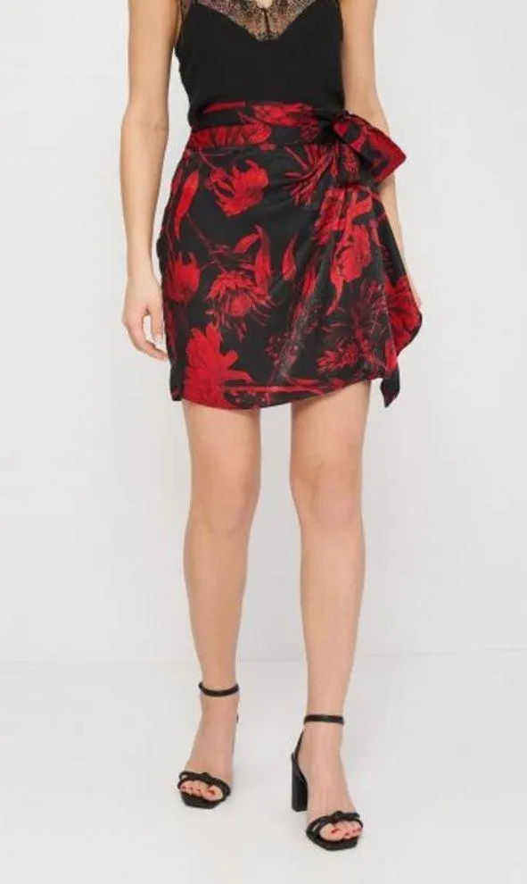 Zara silky satin mini  faux wrap side bow tie black red floral skirt XS NWT - Image 2