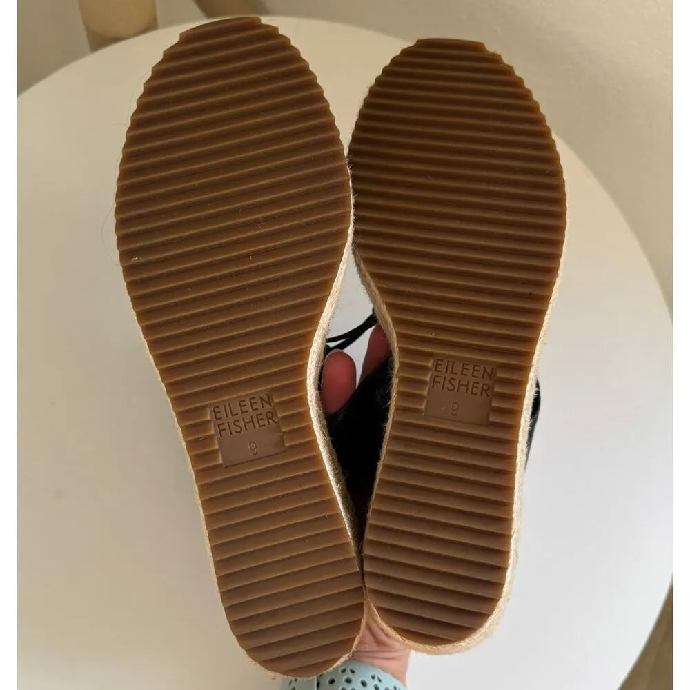 NWOT Eileen Fisher Black Leather Agnes Espadrille Wedge Sandal Women's Size 9 - Image 8