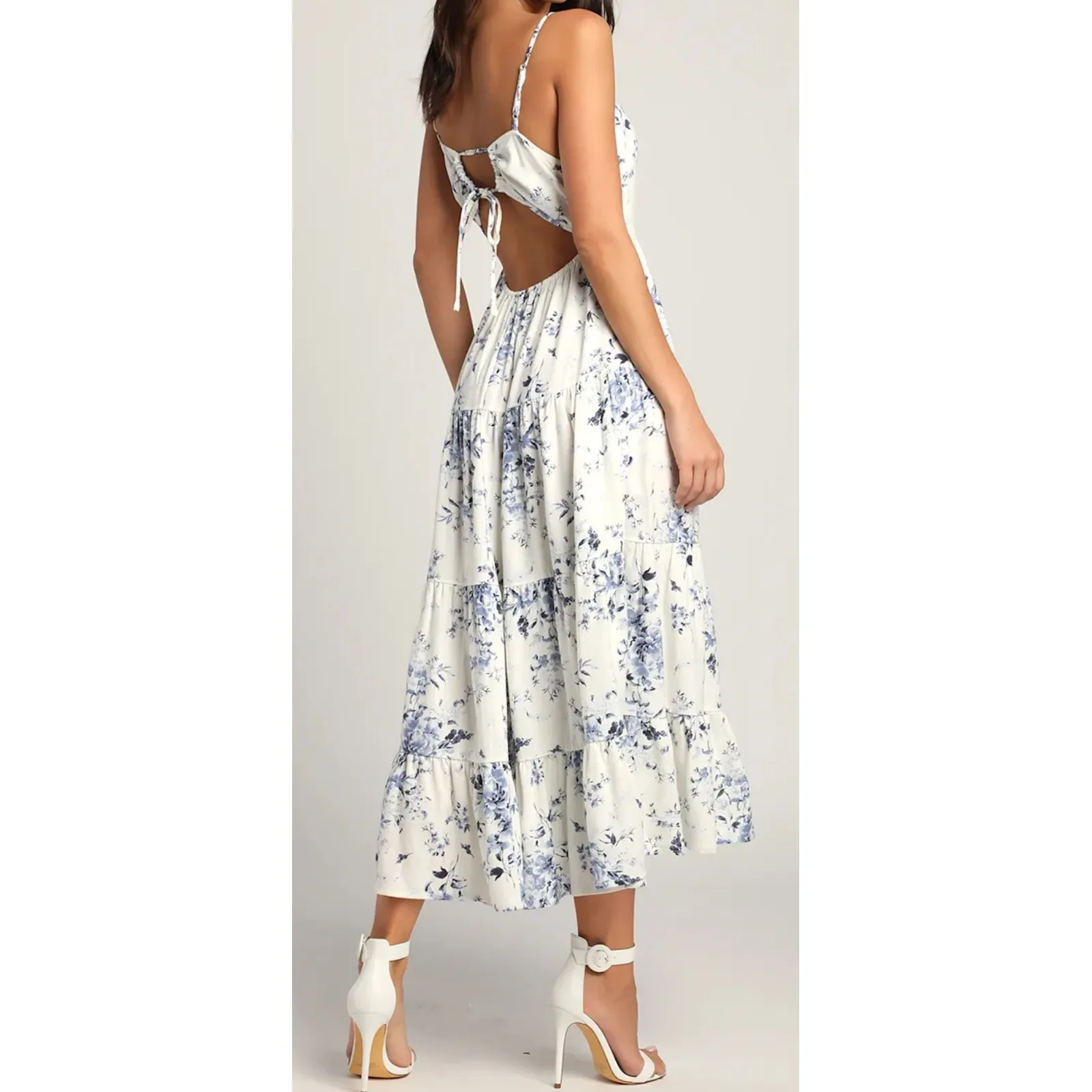 NWOT Lulus Small Mykonos Mood Ivory Floral Print Tie-Strap Tiered Midi Dress - Image 2