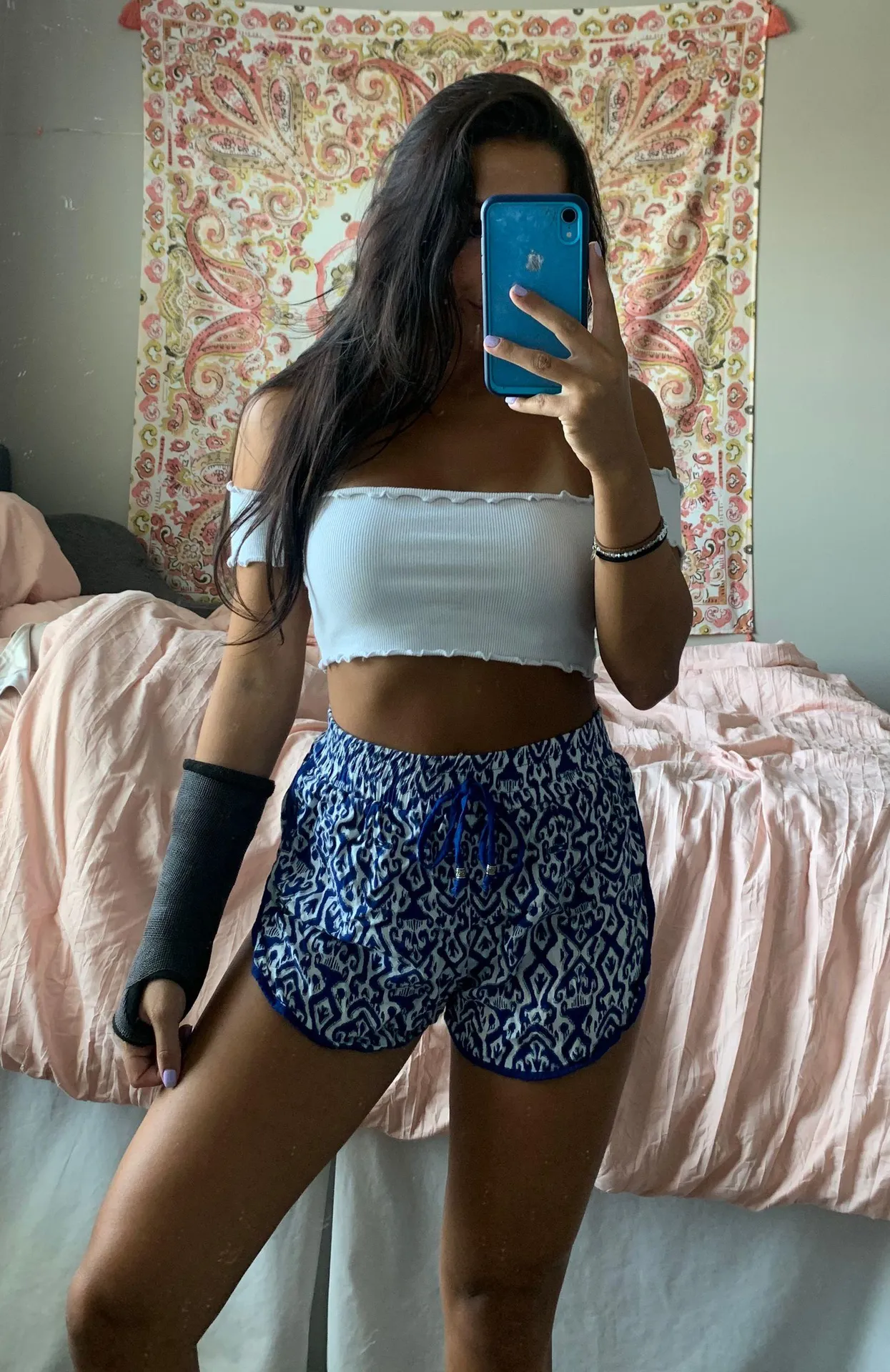 High Waisted Patterned Shorts Blue - Image 2