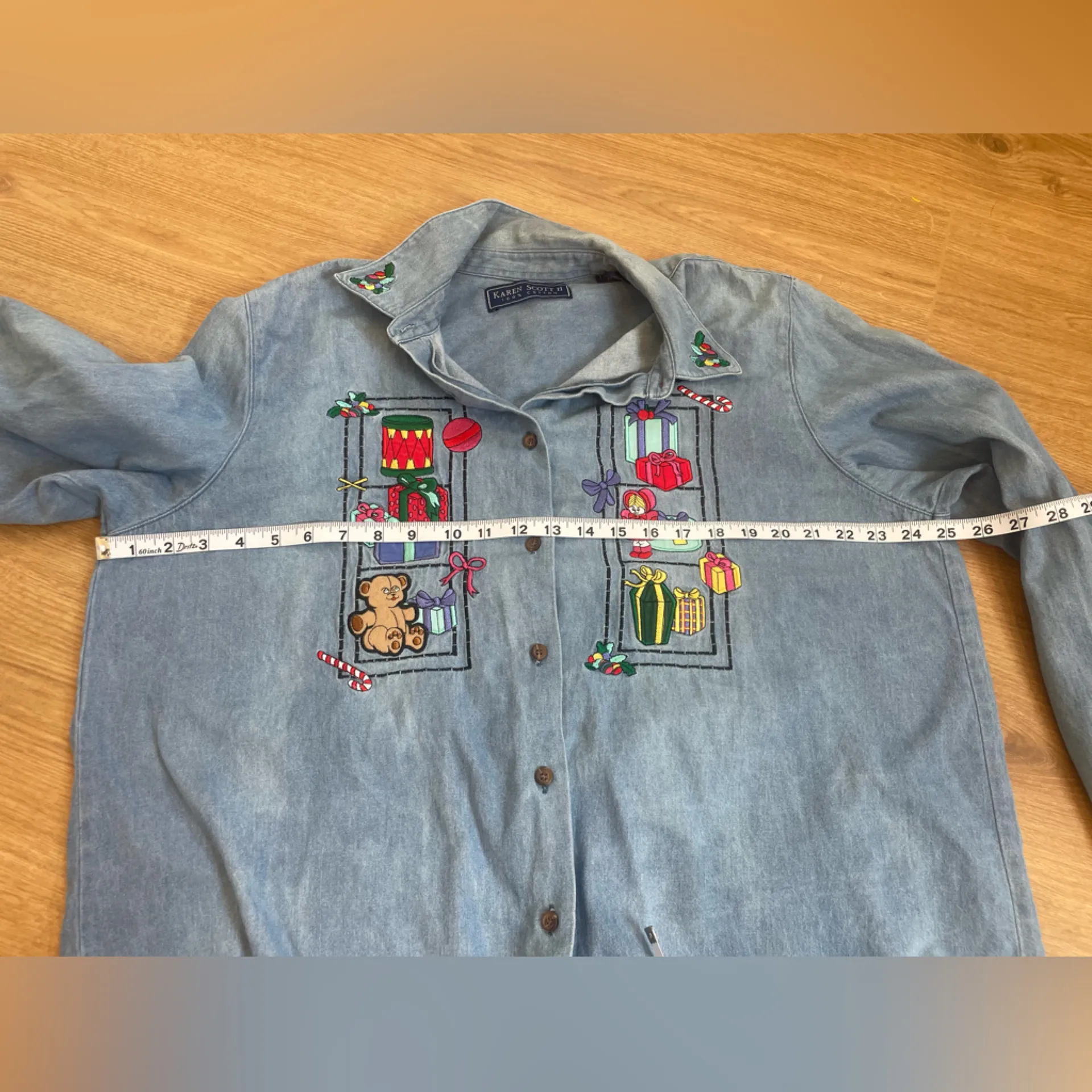 Karen Scott Blue Embroidered Vintage Christmas Button Down Denim Shirt 1X - Image 8