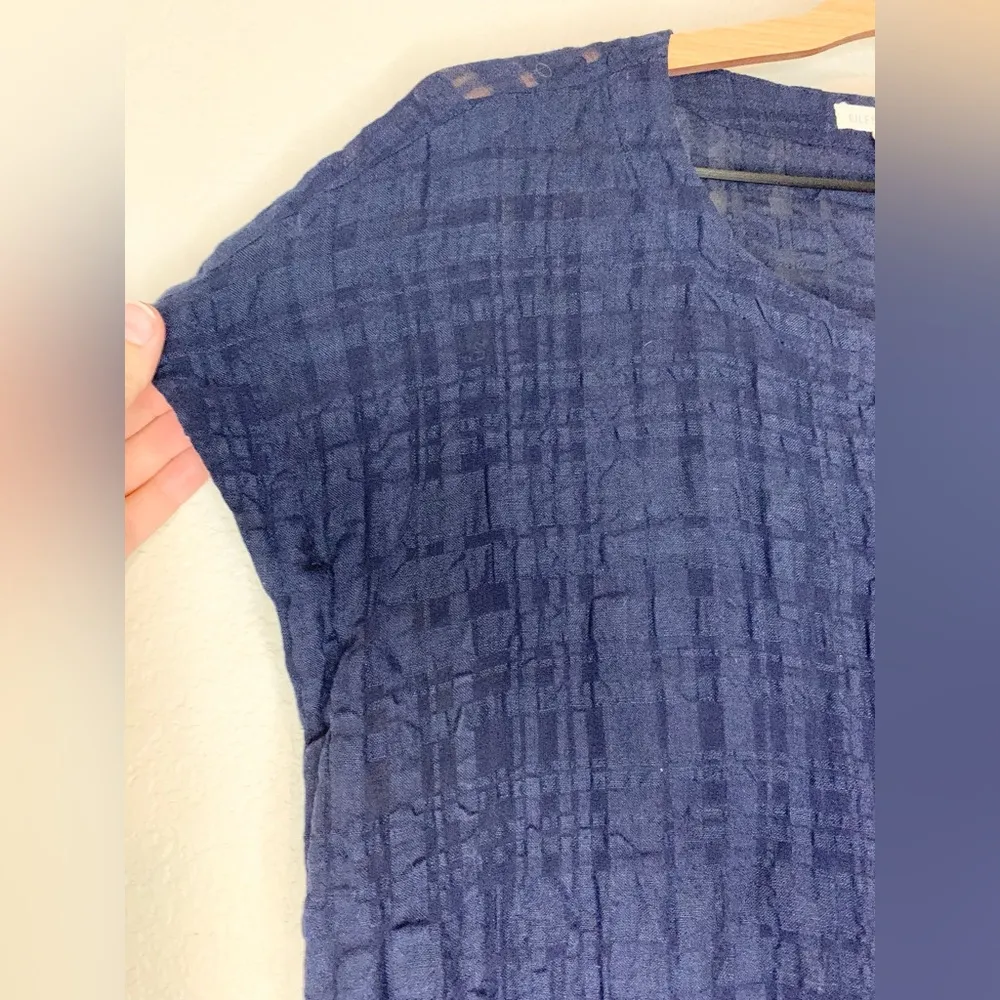 Eileen Fisher Linen Blend Navy Blue Texture Button Up Tunic Dress Shirt Size S - Image 3