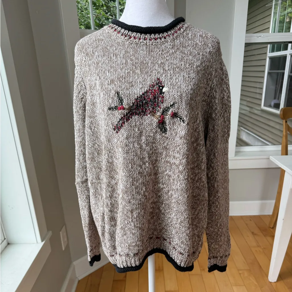 Vintage C.J. Banks Heather Brown Black Red Hand Embroidered Cardinal Sweater X Size XL - Image 12