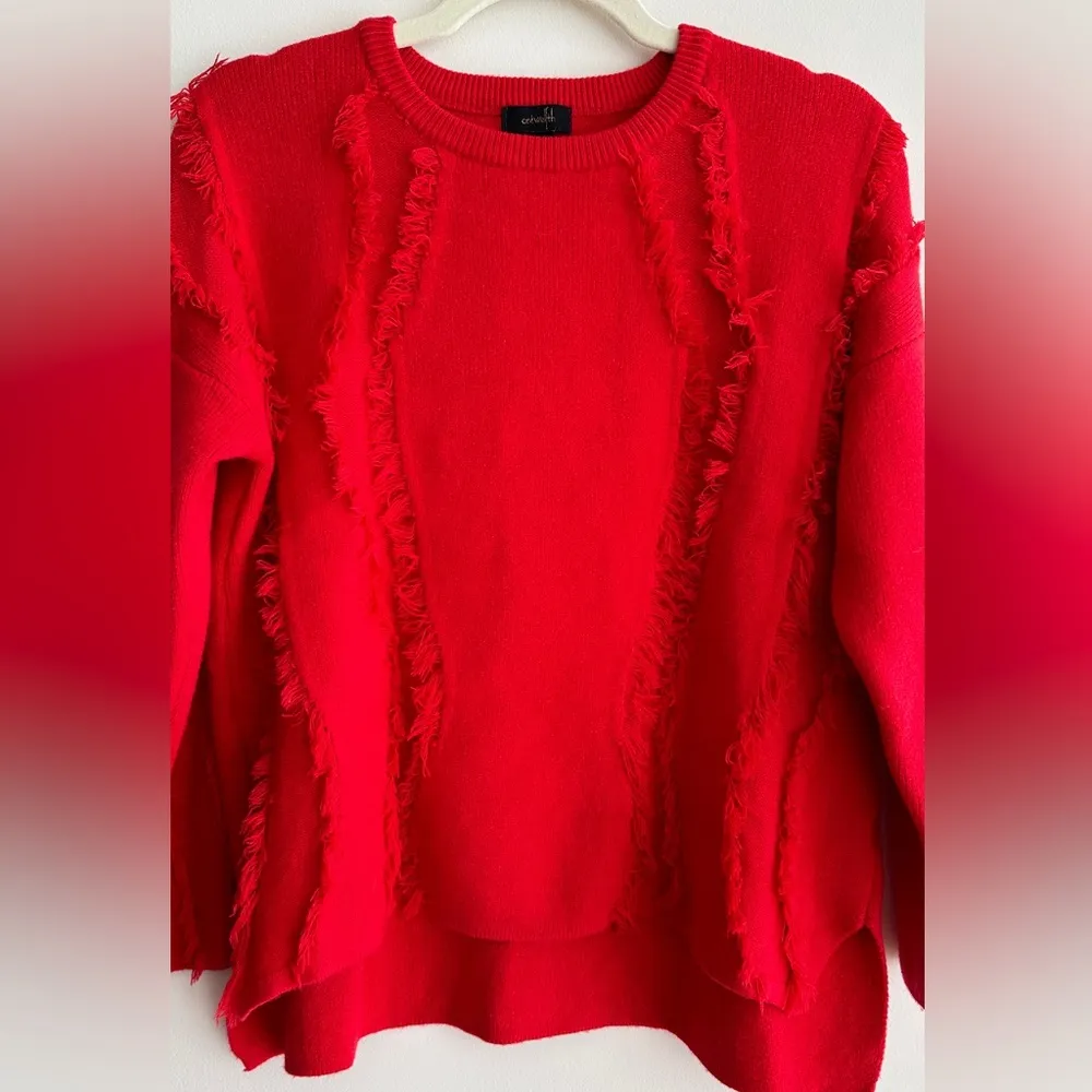ontwelfth Red Fringey Sweater, Bright Red Knit Crewneck Sweater, Size Medium - Image 3