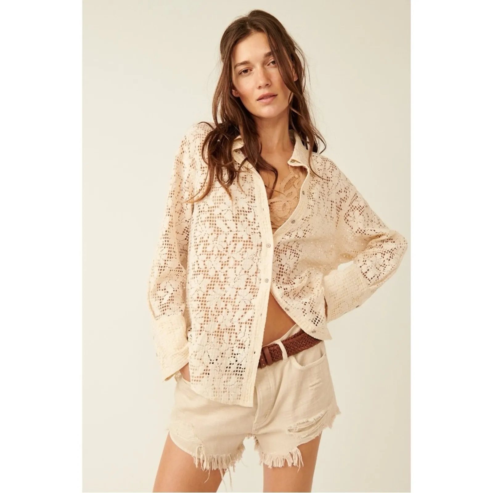 Free People Dainty Ethereal In Your Dreams Lace Button Down Shirt Ivory XL - Image 3