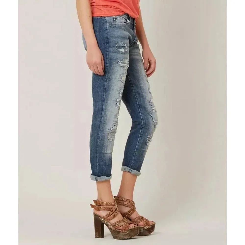 Kancan Women’s Distressed Low Rise Boyfriend Stretch Cropped Jean Size 27 Blue - Image 2