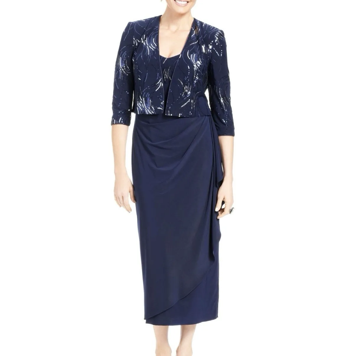 Alex Evening Blue Sequins Two Piece Jacket Sleeveless Midi Dress Size 24W - Image 2