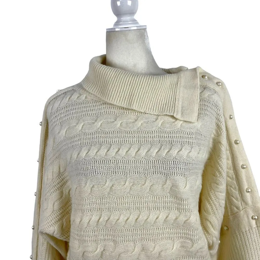 PHILOSOPHY DI LORENZO SERAFINI Pearl Embellished Cable Knit Boxy Sweater Size 4 White - Image 4
