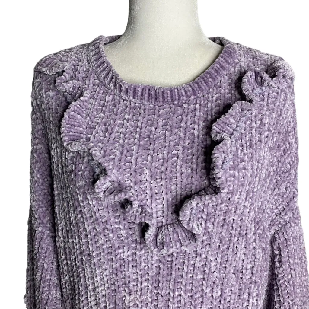 Love at First Sight Chenille Knit Sweater L Purple Dropped Shoulder Ruffle Size L - Image 2