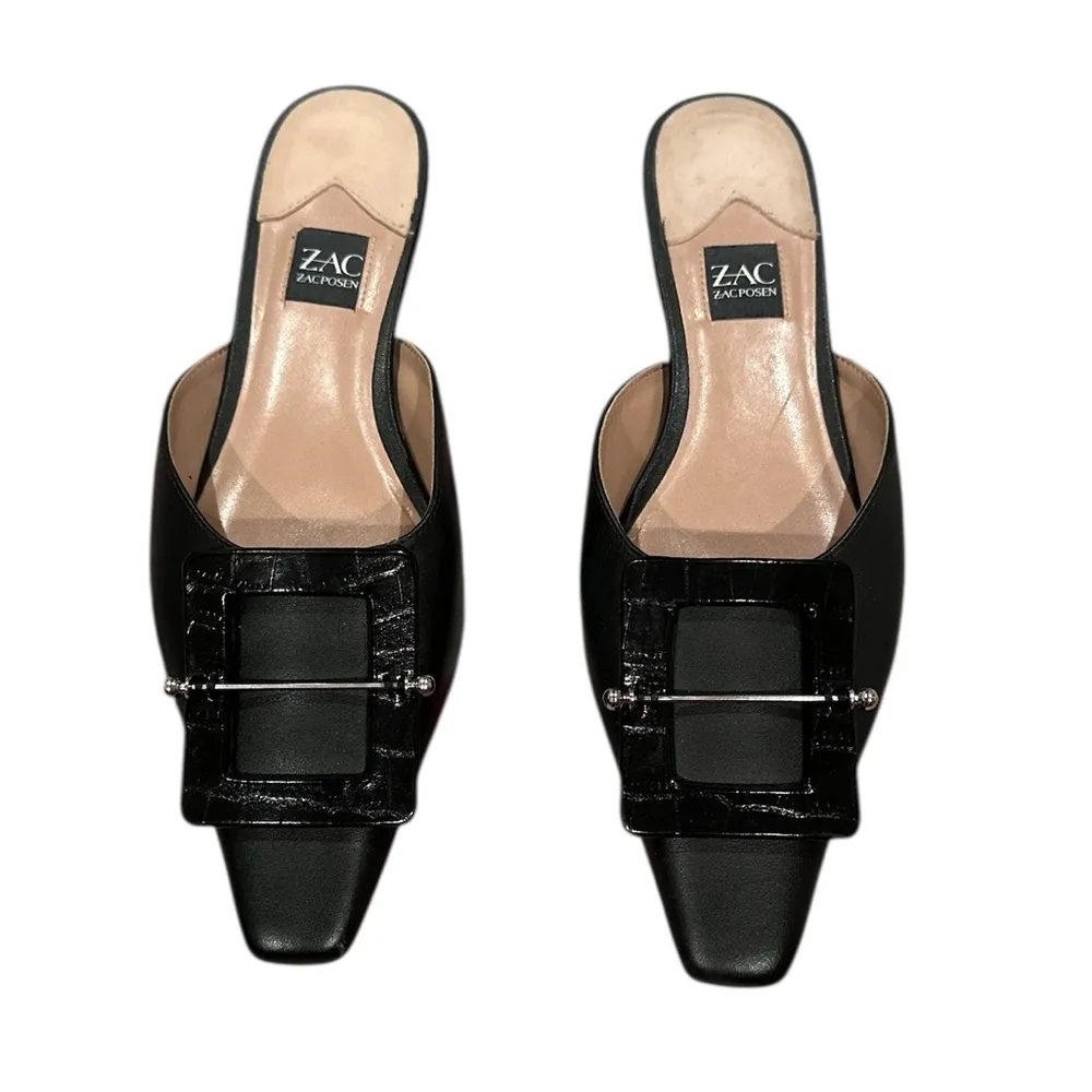 Zac Posen Vallerie Black Leather Mule Flat Slide Square Toe Silver Bar Shoes 6.5 - Image 2