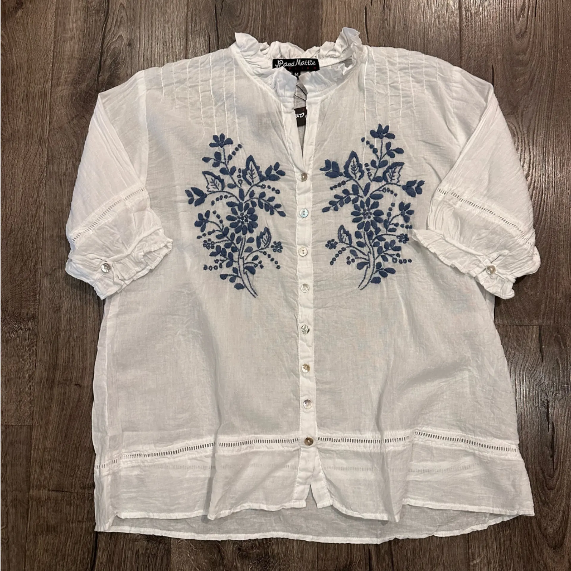 NWT Sundance JP And Mattie White Blue Sabine Embroidered Floral Blouse Top M Size M - Image 11