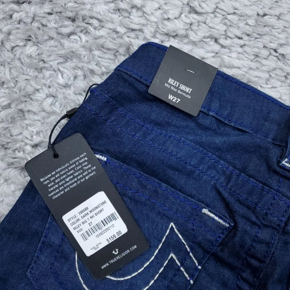 True Religion Riley Big T Raw Hem Mid Rise Bermuda Jean Shorts Dark Wash Size 27 - Image 4