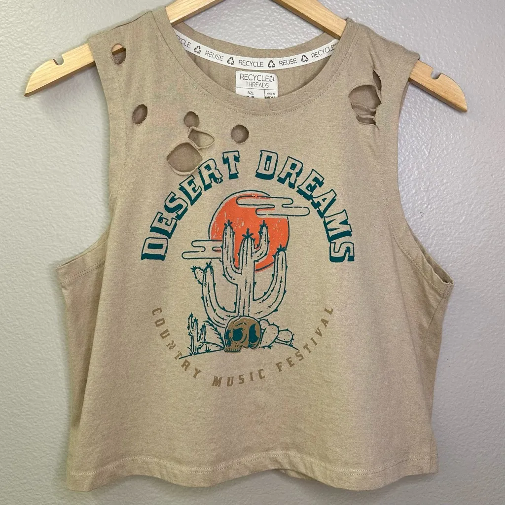 Recycle Threads Desert Dreams Country Music Festival Distressed Cropped Tank Top Tan Size M - Image 6