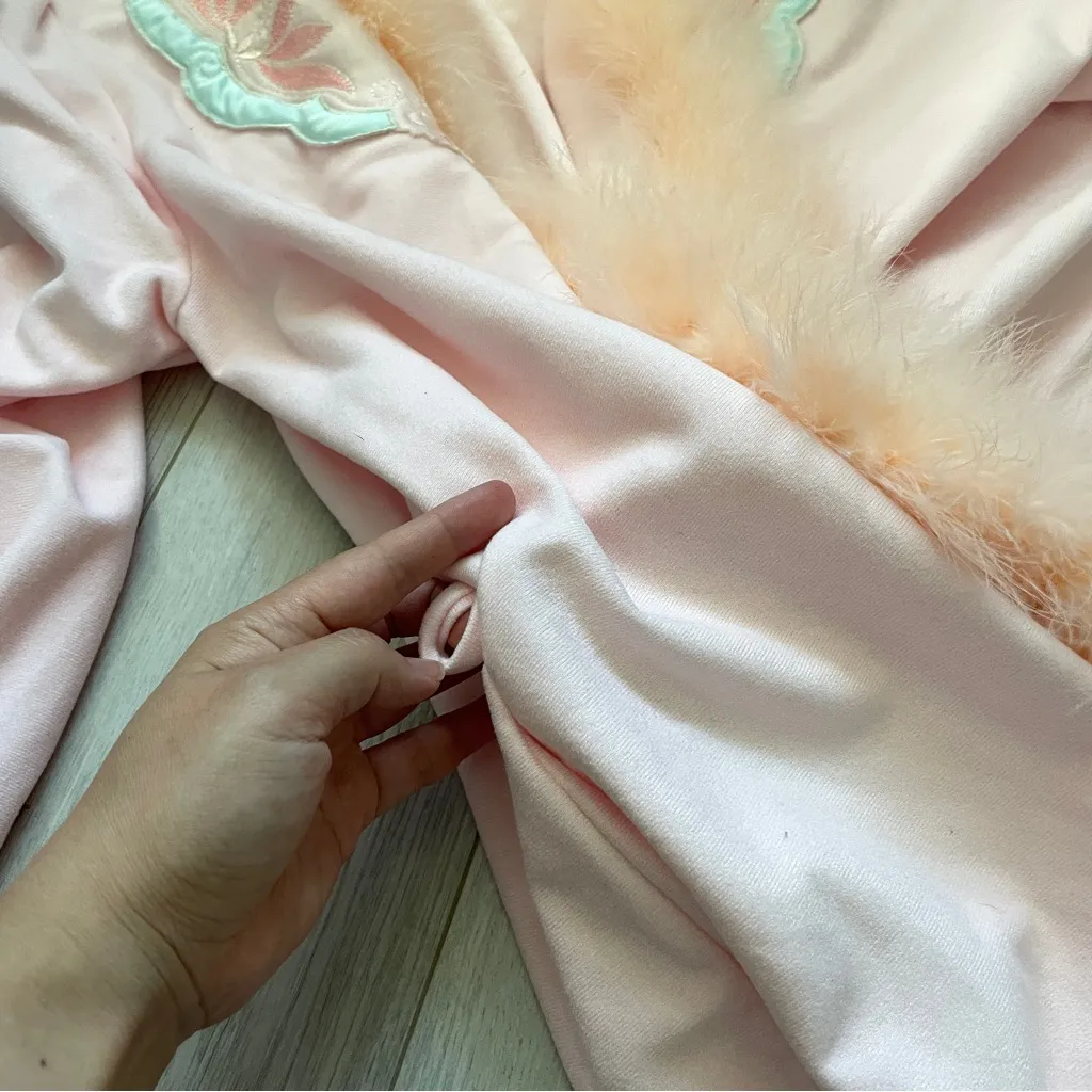 Feather Trim Robe collared long womens Pink (one size) lorraine chic loungewear Size undefined - Image 7